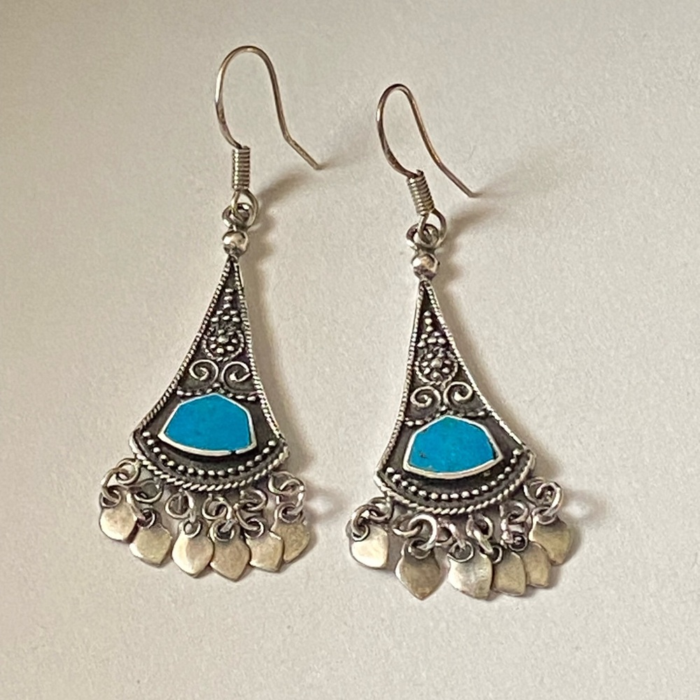 Vintage Sterling Silver and Blue Turquoise Dangle Tassel Earrings